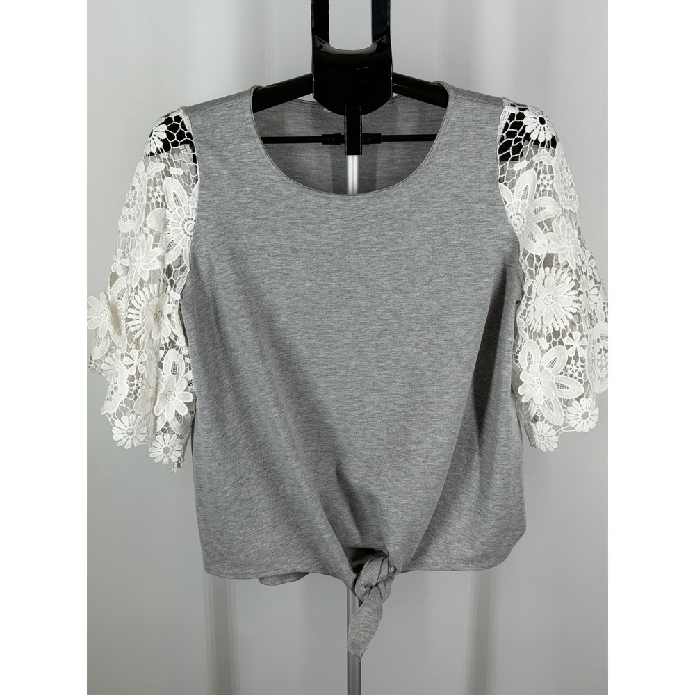 Cotton Bleu Heather Gray Lace Sleeve Tie Front Top Crew Neck Floral Detail S